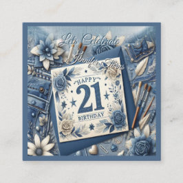 Cartão De Informações aniversário de 21 anos Almond floresce creme azul