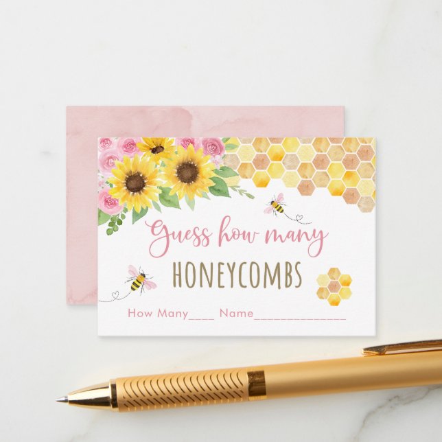 Cartão De Informações Aniversário De Girassol De Abelhas Rosa Adivinha Q (Frente/Verso In Situ)