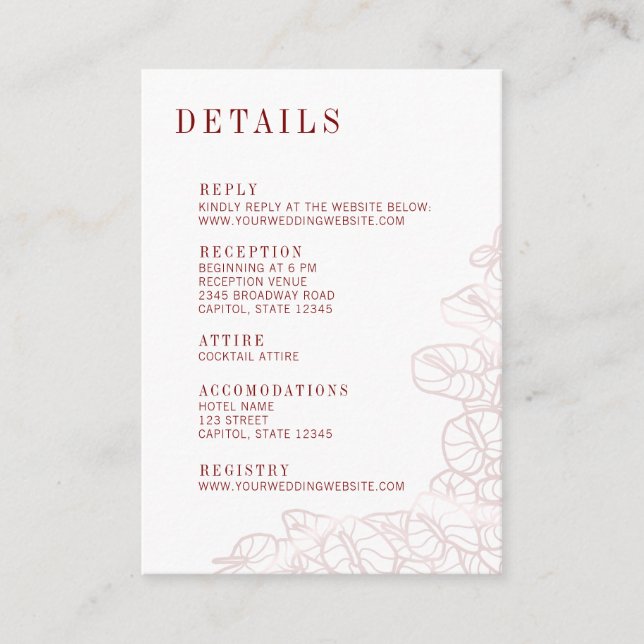 Cartão De Informações Anthurium Romantic Modern Details & Reply Card (Frente)