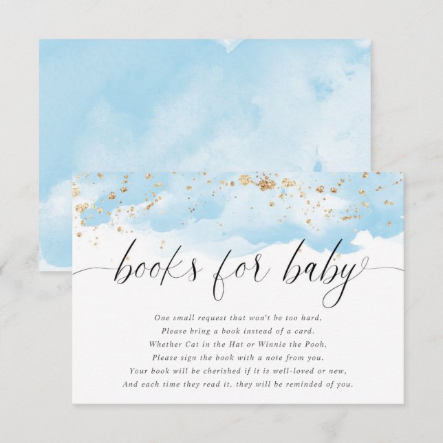 Cartão De Informações Aquarela azul dourado brilho branco livros menino  (Frente/Verso)
