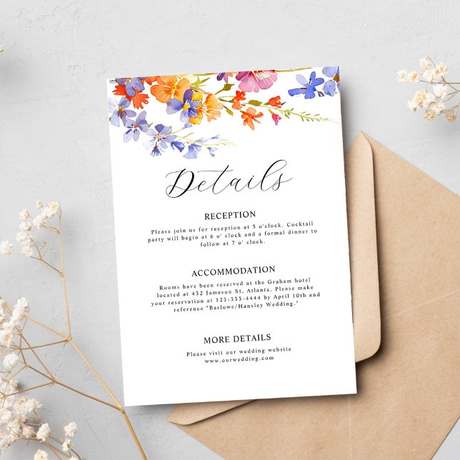 Cartão De Informações Aquarela Elegante Flores Silvestres Casamento (Watercolor Floral Elegant Wildflower Wedding Enclosure Card)