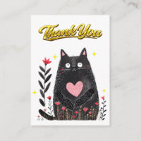 Aquarela Floral Gato Preto com Coração Obrigado