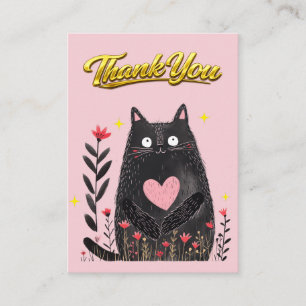 Cartão De Informações Aquarela Floral Gato Preto com Coração Obrigado
