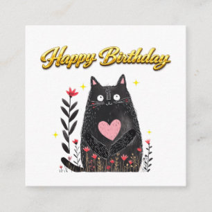 Cartão De Informações Aquarela Floral Gato Preto Coração Rosa Aniversári