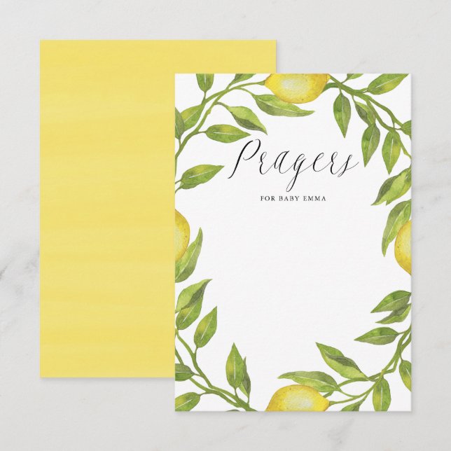 Cartão De Informações Aquarela Lemon Greenery Wreath Prayers para Bebê (Frente/Verso)