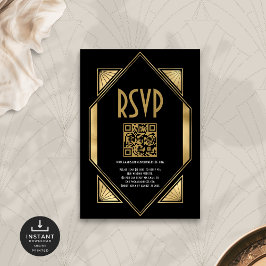 Cartão De Informações Art Deco Dourado Código QR Preto de Casamento RSVP