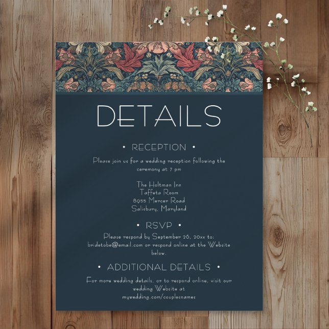 Cartão De Informações Art Nouveau Blue William Morris Floral Wedding (Art Nouveau Blue William Morris Floral Wedding Enclosure Card)