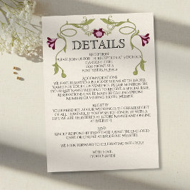 Cartão De Informações Art Nouveau Burgundy Pink Flowers Green Wedding
