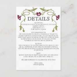 Cartão De Informações Art Nouveau Burgundy Pink Flowers Green Wedding