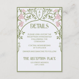 Cartão De Informações Art Nouveau Casamento Floral Verde e Rosa