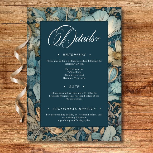 Cartão De Informações Art Nouveau Teal William Morris Casamento Floral (Art Nouveau Teal William Morris Floral Wedding Enclosure Card)