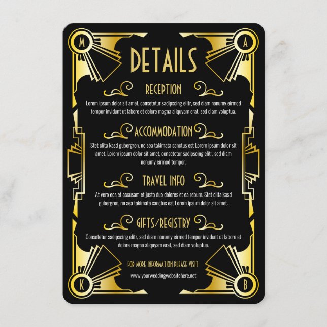 Cartão De Informações Arte Deco Detalhes do Casamento Mapa Dourado Preto (Frente)