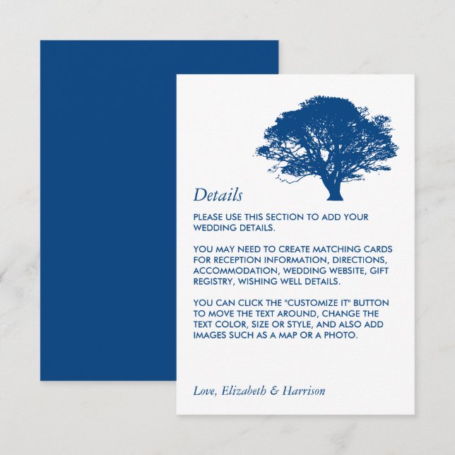 Cartão De Informações Árvore de Oak Azul, Detalhe de Casamento Russo/Min (Frente/Verso)