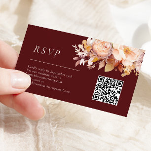 Cartão De Informações Autumn Floral Burgundy Cream Weding Código QR RSVP
