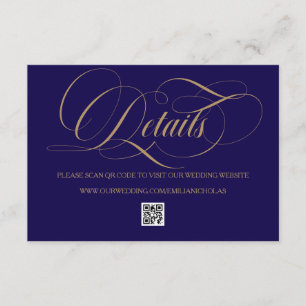 Cartão De Informações Azul Cobalto e Dourado Casamento Simples