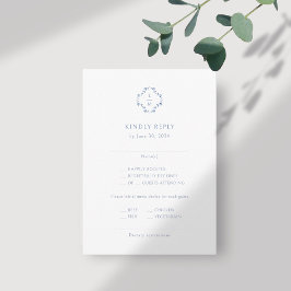 Cartão De Informações Azul e Branco | RSVP de Casamento Monograma Floral