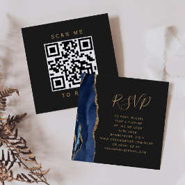 Cartão De Informações Azul Marinho Ágata Dourada Código QR RSVP Casament
