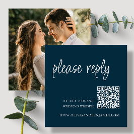 Cartão De Informações Azul Marinho | Código QR de RSVP de Casamento
