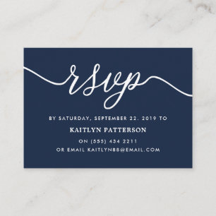 Cartão De Informações Azul Marinho e Branco Simples Script RSVP