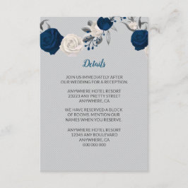 Cartão De Informações azul marinho flores brancas folhas prateadas detal