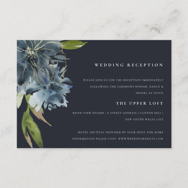 Cartão De Informações AZUL MARINHO VERDE DOURADO FLORAL Aquarela RECEÇÃO (Frente)