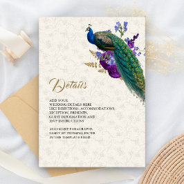 Cartão De Informações Azul Real Roxo Floral Casamento de Pavão Detalhes