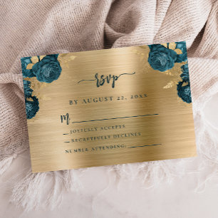 Cartão De Informações Azul Turquesa Floral Dourado Metal Escovado Casame
