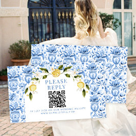 Cartão De Informações Azulejo azul limão Mediterrâneo casamento rsvp QR