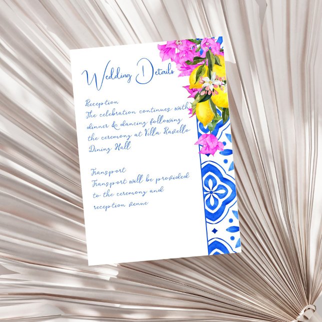 Cartão De Informações Azulejos azuis Bougainvillea limões elegantes casa (Blue Tiles Bougainvillea lemons elegant wedding details Enclosure Card)