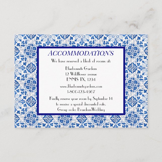 Cartão De Informações Azulejos portugueses Acomodações de casamento azul (Frente)