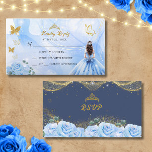 Cartão De Informações Baby Blue Dress Princess Glitter Quinceañera RSVP