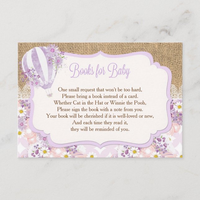 Cartão De Informações Balão de ar quente de menina roxa Livros para inse (Frente)