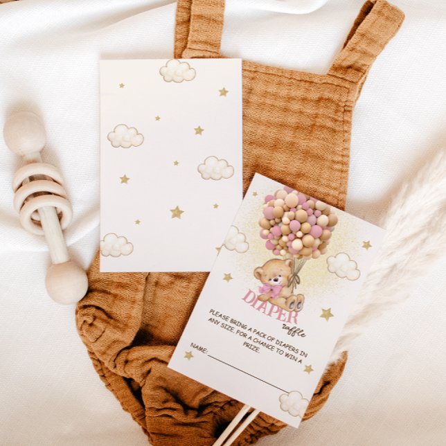 Cartão De Informações Balões de urso Fralda Raffle Boho Rosa (Criador carregado)