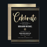 Cartão De Informações Bar Mitzvah Black Gold Foil Tallit Script Modern<br><div class="desc">Tenha orgulho, alegria e mostre este marco do seu Bar favorito Mitzvah! Inclua esta inserção impressionante, moderna e personalizada para obter informações adicionais sobre seu evento. Escrita gráfica de caligrafia de folha de ouro, Estrela de David, e linhas de talentos desenhadas à mão sobrepõem um fundo preto rico, dramático. Uma...</div>