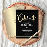Cartão De Informações Bar Mitzvah Black Gold Foil Tallit Script Modern<br><div class="desc">Tenha orgulho, alegria e mostre este marco do seu Bar favorito Mitzvah! Inclua esta inserção impressionante, moderna e personalizada para obter informações adicionais sobre seu evento. Escrita gráfica de caligrafia de folha de ouro, Estrela de David, e linhas de talentos desenhadas à mão sobrepõem um fundo preto rico, dramático. Uma...</div>