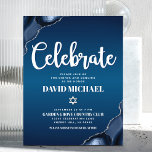 Cartão De Informações Bar Mitzvah Marinho Blue Ombre Agate Script Modern<br><div class="desc">Tenha orgulho, alegria e mostre este marco do seu Bar favorito Mitzvah! Inclua esta inserção legal, exclusiva, moderna e personalizada para obter informações adicionais sobre seu evento. A tipografia da escrita branca e Estrela de David sobrepõem um fundo azul-marinho profundo com o agato azul de aço acentuado com veias falso...</div>