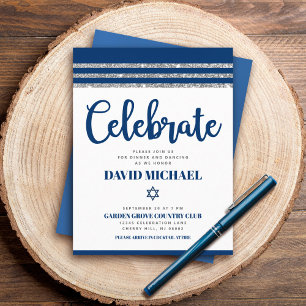 Cartão De Informações Bar Mitzvah Marinho Blue Script Simple Modern Tall