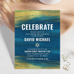 Cartão De Informações Bar Mitzvah Moderna Folha de Ouro Tipo Negrito Tur<br><div class="desc">Tenha orgulho, alegria e mostre este marco do seu Bar favorito Mitzvah! Inclua esta inserção legal, exclusiva, moderna e personalizada para obter informações adicionais sobre seu evento. Traços de pincel de folha de ouro metálico e Estrela de David, juntamente com tipografia branca e ousada, cobrem um rico fundo azul-turquesa em...</div>