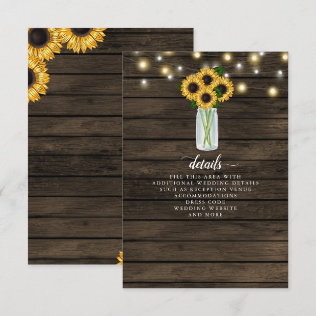 Cartão De Informações Barn Wood String Luzes Sunflower Casamento (Frente/Verso)