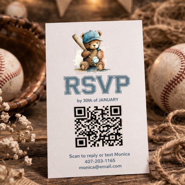 Cartão De Informações Baseball Teddy Bear Baby Shower QR Code RSVP  (Criador carregado)