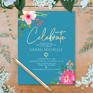 Cartão De Informações Bat Mitzvah Azul Aquarela Floral Dourado Script