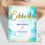 Cartão De Informações Bat Mitzvah - cor-de-água da turquesa de ouro mode<br><div class="desc">Tenha orgulho, alegria e mostre este marco do seu Bat Mitzvah favorito! Inclua essa impressionante, moderna e brilhante folha de ouro e pontos brilhantes e script de tipografia em um fundo de aquarela turquesa, inserção personalizada para informações adicionais sobre seu evento. Personalize o texto personalizado com o nome, a data...</div>