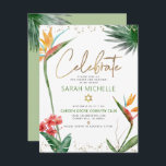 Cartão De Informações Bat Mitzvah Dourado Tropical Floral Watercolor<br><div class="desc">Tenha orgulho, alegria e mostre este marco do seu Bat Mitzvah favorito! Inclua esta inserção moderna, discreta e personalizada para obter informações adicionais sobre seu evento. Na moda, atordoante, colorida, aves aquáticas tropicais de flores do paraíso, escrita falsa em ouro manuscrita, Estrela de David e pontos brilhantes, juntamente com serifa...</div>