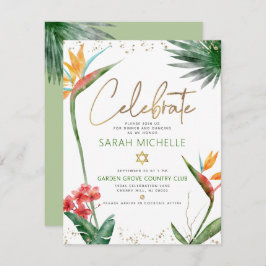 Cartão De Informações Bat Mitzvah Dourado Tropical Floral Watercolor
