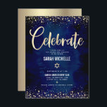 Cartão De Informações Bat Mitzvah Marinho Gold Foil Glitter Script Moder<br><div class="desc">Tenha orgulho, alegria e mostre este marco do seu Bat Mitzvah favorito! Inclua esta inserção impressionante, moderna e personalizada para obter informações adicionais sobre seu evento. Escrito gráfico de caligrafia de folha de ouro, Estrela de David, e confetti, sobrepõem um rico, dramático fundo de cor azul-d-água marinho. Personalize o texto...</div>