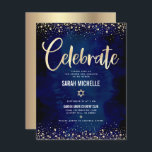 Cartão De Informações Bat Mitzvah Marinho Gold Foil Glitter Script Moder<br><div class="desc">Tenha orgulho, alegria e mostre este marco do seu Bat Mitzvah favorito! Inclua esta inserção impressionante, moderna e personalizada para obter informações adicionais sobre seu evento. Escrito gráfico de caligrafia de folha de ouro, Estrela de David, e confetti, sobrepõem um rico, dramático fundo de cor azul-d-água marinho. Personalize o texto...</div>