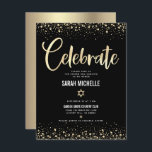 Cartão De Informações Bat Mitzvah Modern Black Gold Foil Script Glitter<br><div class="desc">Tenha orgulho, alegria e mostre este marco do seu Bat Mitzvah favorito! Inclua esta inserção impressionante, moderna e personalizada para obter informações adicionais sobre seu evento. Escrita gráfica de caligrafia de folha de ouro, Estrela de David, e confetti, sobrepõem um fundo preto, rico e dramático. Personalize o texto personalizado com...</div>