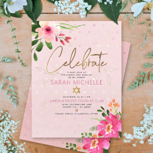 Cartão De Informações Bat Mitzvah Pink Watercolor Script Moderno Floral