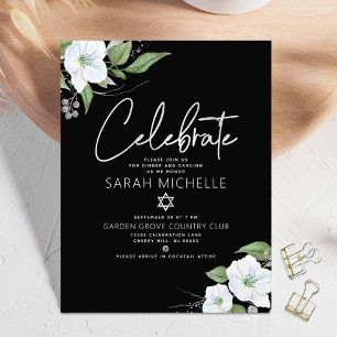 Cartão De Informações Bat Mitzvah Preto Prata Roteiro Aquarela Floral