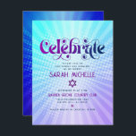 Cartão De Informações Bat Mitzvah Retro Boho Cor Azul Roxo Negrito<br><div class="desc">Tenha orgulho, alegria e mostre este marco do seu Bat Mitzvah favorito! Inclua este retrato de groovy boho, inserção personalizada para obter informações adicionais sobre seu evento. Típica divertida, moderna, arrojada, roxa e azul marinho com a tipografia sans serif moderna sobrepõe-se a um fundo de turquesa pop-luz e de raios...</div>
